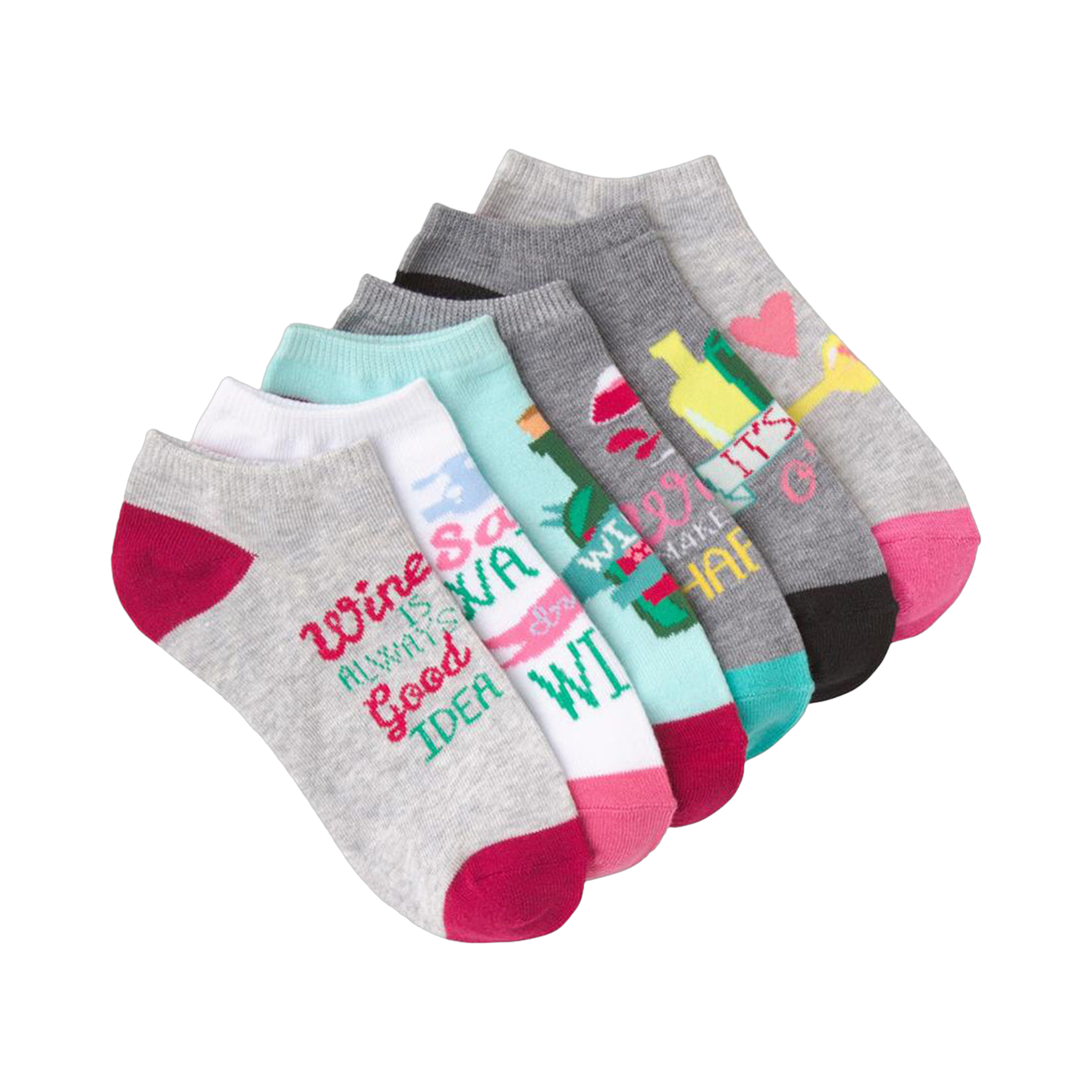 Six no-show socks in gray, white, teal, and pink.  Designs include wine bottles, glasses, hearts and phrases like 'Wine is always a good idea'.