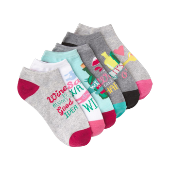 Six no-show socks in gray, white, teal, and pink.  Designs include wine bottles, glasses, hearts and phrases like 'Wine is always a good idea'.