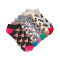 Six-pack of low-cut ankle socks.  Feature a repeating pattern of cartoon dogs wearing glasses.  Colors include grey, beige, black, pink, and teal.
