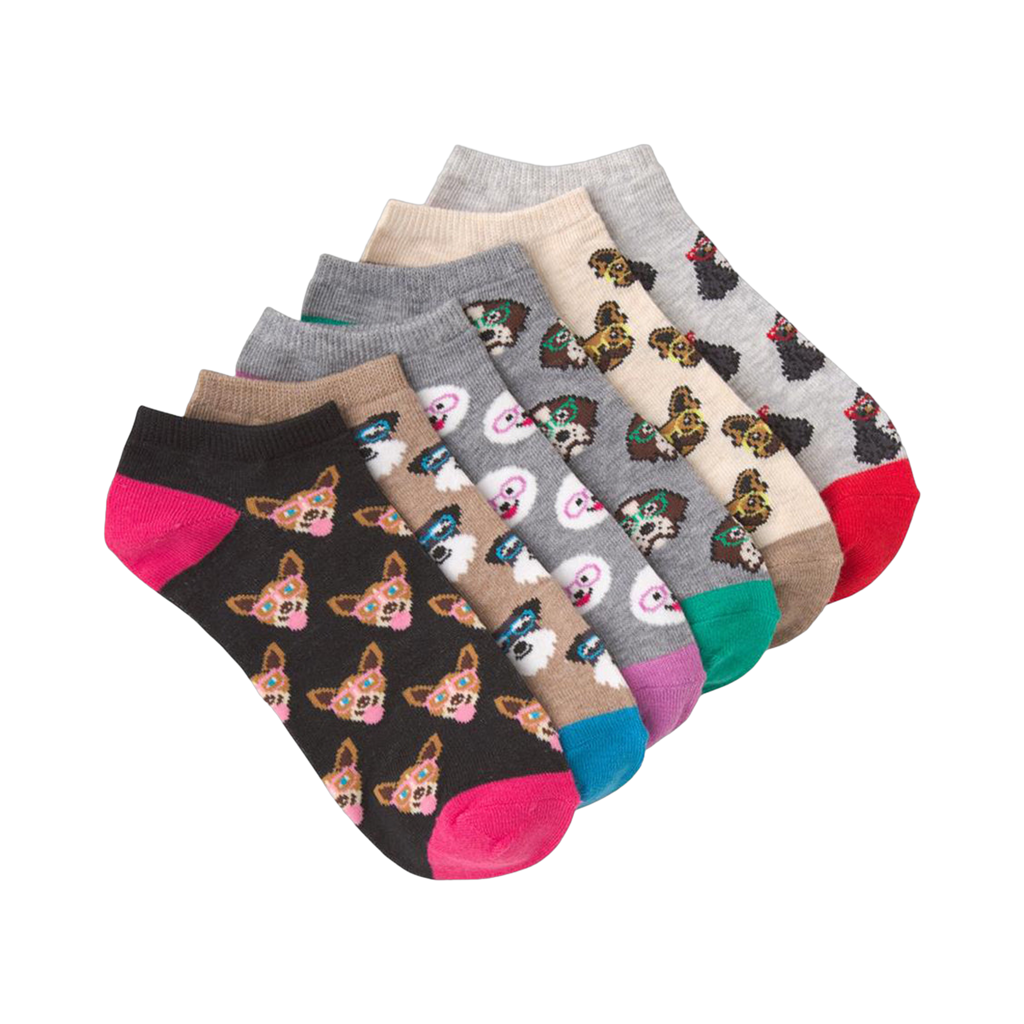 Six-pack of low-cut ankle socks.  Feature a repeating pattern of cartoon dogs wearing glasses.  Colors include grey, beige, black, pink, and teal.