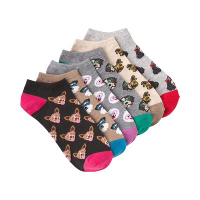 Six-pack of low-cut ankle socks.  Feature a repeating pattern of cartoon dogs wearing glasses.  Colors include grey, beige, black, pink, and teal.