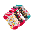 Six-pack of ankle socks featuring various food patterns.  Main colors include gray, red, pink, black, and teal.  Designs include tacos, pizza, burgers, ice cream.