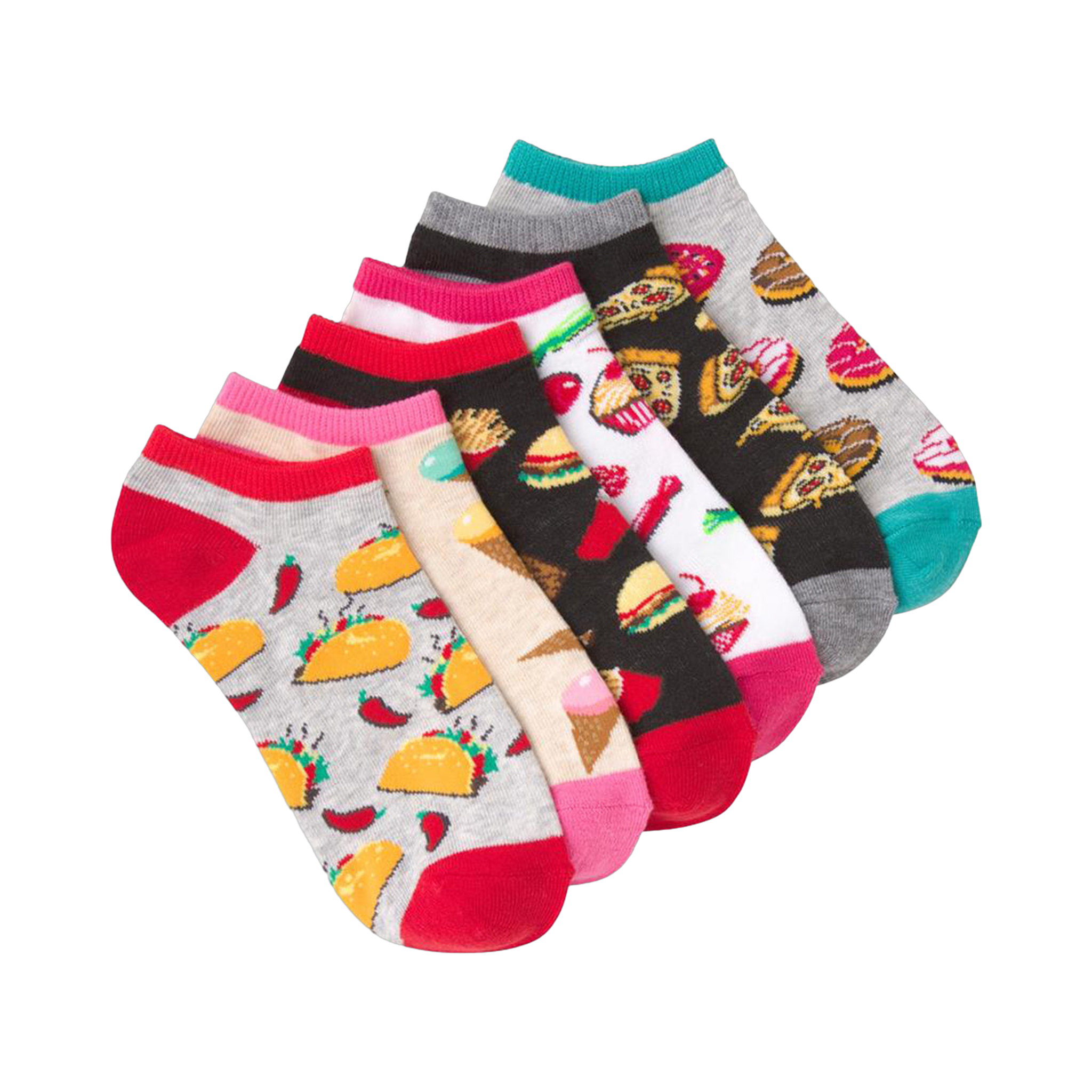 Six-pack of ankle socks featuring various food patterns.  Main colors include gray, red, pink, black, and teal.  Designs include tacos, pizza, burgers, ice cream.