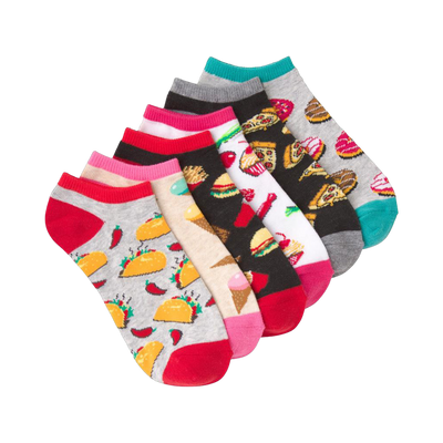 Six-pack of ankle socks featuring various food patterns.  Main colors include gray, red, pink, black, and teal.  Designs include tacos, pizza, burgers, ice cream.