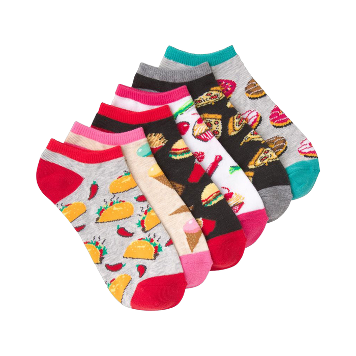 Six-pack of ankle socks featuring various food patterns.  Main colors include gray, red, pink, black, and teal.  Designs include tacos, pizza, burgers, ice cream. }}