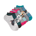 Six pairs of grey ankle socks with teal and pink stripes. Each sock shows a different cute cat face graphic.