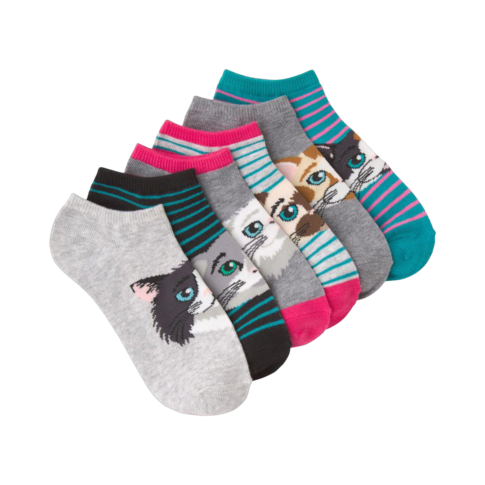Six pairs of grey ankle socks with teal and pink stripes. Each sock shows a different cute cat face graphic.