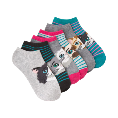 Six pairs of grey ankle socks with teal and pink stripes. Each sock shows a different cute cat face graphic.