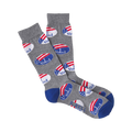 Gray crew socks with a repeating pattern of blue and red 'I Voted' stickers.  The toe and heel are royal blue.