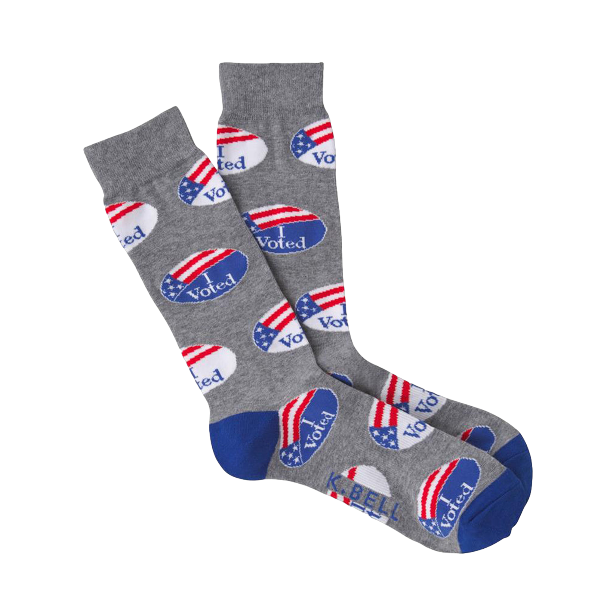 Gray crew socks with a repeating pattern of blue and red 'I Voted' stickers.  The toe and heel are royal blue.
