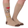 Flat lay of a pair of tan 'Draft Beer' socks showing the full design, including the 'I heart Draft Beer' graphic and beer tap image.