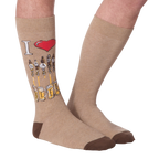Flat lay of a pair of tan 'Draft Beer' socks showing the full design, including the 'I heart Draft Beer' graphic and beer tap image.