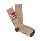 Tan crew socks with a brown cuff. The design includes 'I heart Draft Beer' and a graphic of beer taps and glasses.