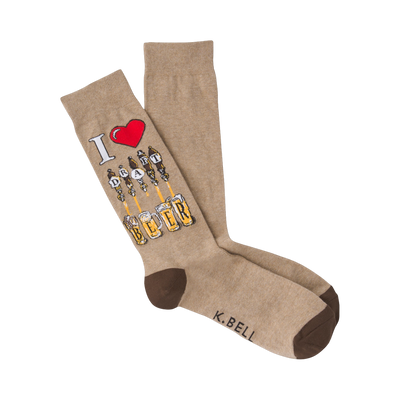 Tan crew socks with a brown cuff. The design includes 'I heart Draft Beer' and a graphic of beer taps and glasses.