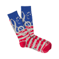 Crew socks in red, gray, and blue.  The socks feature musical notes and treble clefs on a striped background.