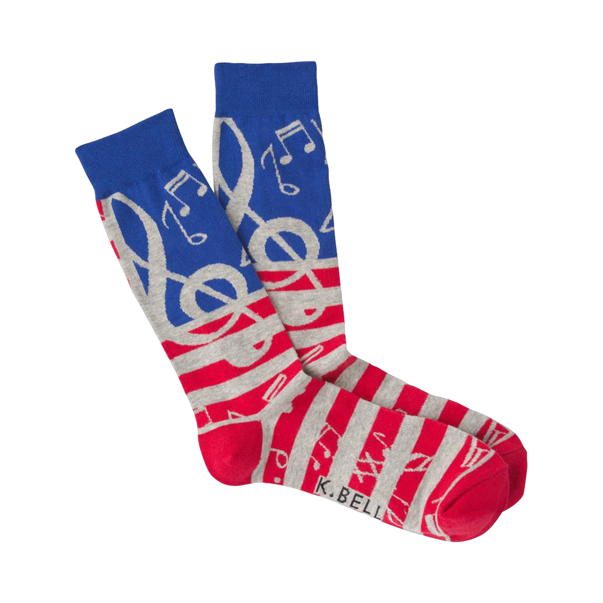 Crew socks in red, gray, and blue.  The socks feature musical notes and treble clefs on a striped background.