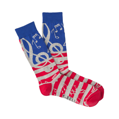Crew socks in red, gray, and blue.  The socks feature musical notes and treble clefs on a striped background.
