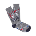 A pair of gray crew socks with a rock and roll theme.  The design includes red and blue rock hand signs, electric guitars, and the phrase "Rock On!"