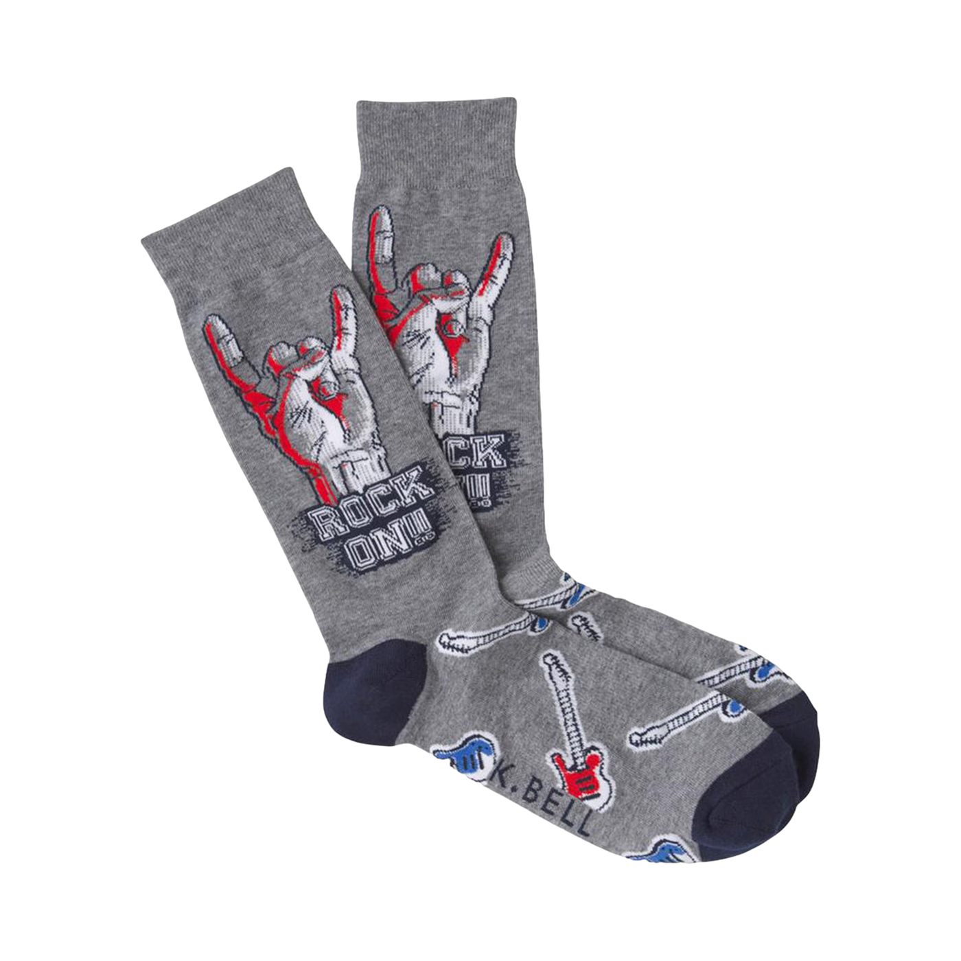 A pair of gray crew socks with a rock and roll theme.  The design includes red and blue rock hand signs, electric guitars, and the phrase "Rock On!"