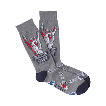 A pair of gray crew socks with a rock and roll theme.  The design includes red and blue rock hand signs, electric guitars, and the phrase "Rock On!"