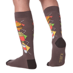 Back view of a person wearing the Junk Food socks, showcasing the full design on the leg.