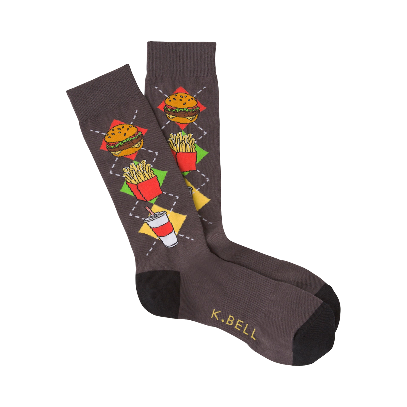 A pair of dark gray crew socks with a colorful argyle pattern of burgers, fries, and soda cups. The socks have black toes and heels.