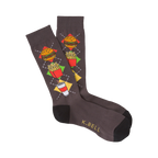 A pair of dark gray crew socks with a colorful argyle pattern of burgers, fries, and soda cups. The socks have black toes and heels.