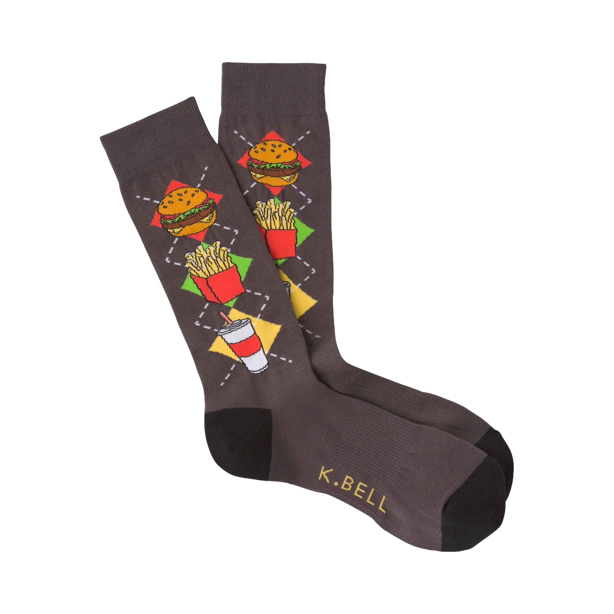 A pair of dark gray crew socks with a colorful argyle pattern of burgers, fries, and soda cups. The socks have black toes and heels.