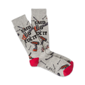 A pair of grey crew socks with red heels and toes, featuring illustrations of tools and the phrase 'Said I'd Fix It'.