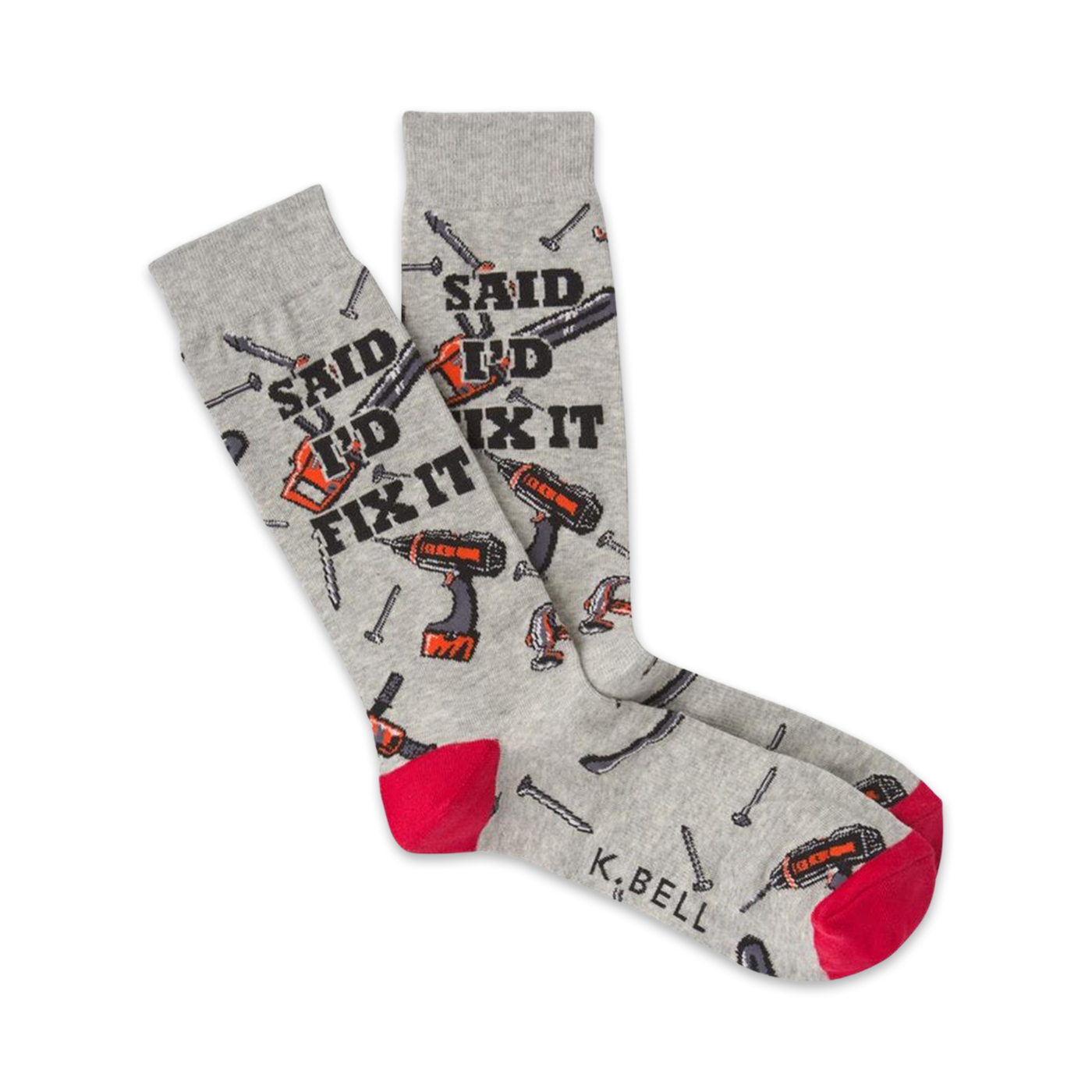 A pair of grey crew socks with red heels and toes, featuring illustrations of tools and the phrase 'Said I'd Fix It'.