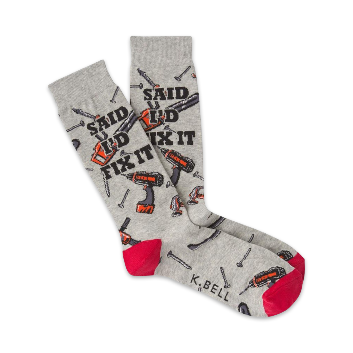 A pair of grey crew socks with red heels and toes, featuring illustrations of tools and the phrase 'Said I'd Fix It'.