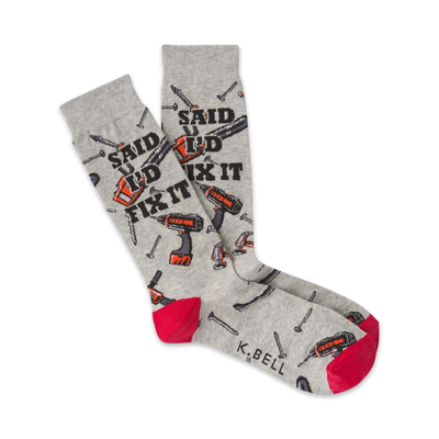  men's gray crew socks with red toe and heel featuring "said i'd fix it" text and a pattern of tools and nails.   