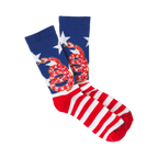 Crew socks in red, white, and blue. The design features a coiled snake on a background of stars and stripes.