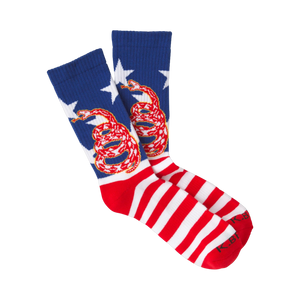 Crew socks in red, white, and blue. The design features a coiled snake on a background of stars and stripes.