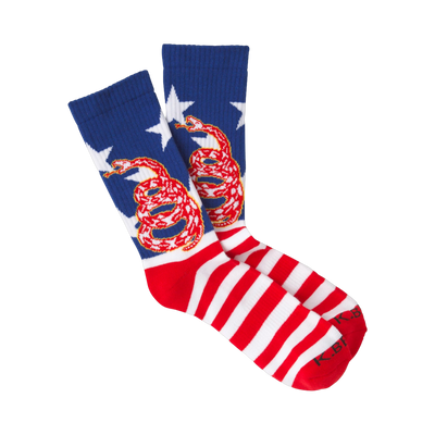 Crew socks in red, white, and blue. The design features a coiled snake on a background of stars and stripes.