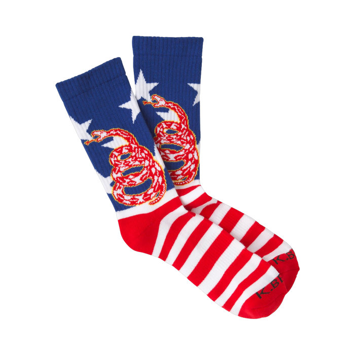 Crew socks in red, white, and blue. The design features a coiled snake on a background of stars and stripes.