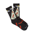 Crew socks, black with off-white and red bacon design, a flying saucer abducting a large piece of bacon against a starry background.