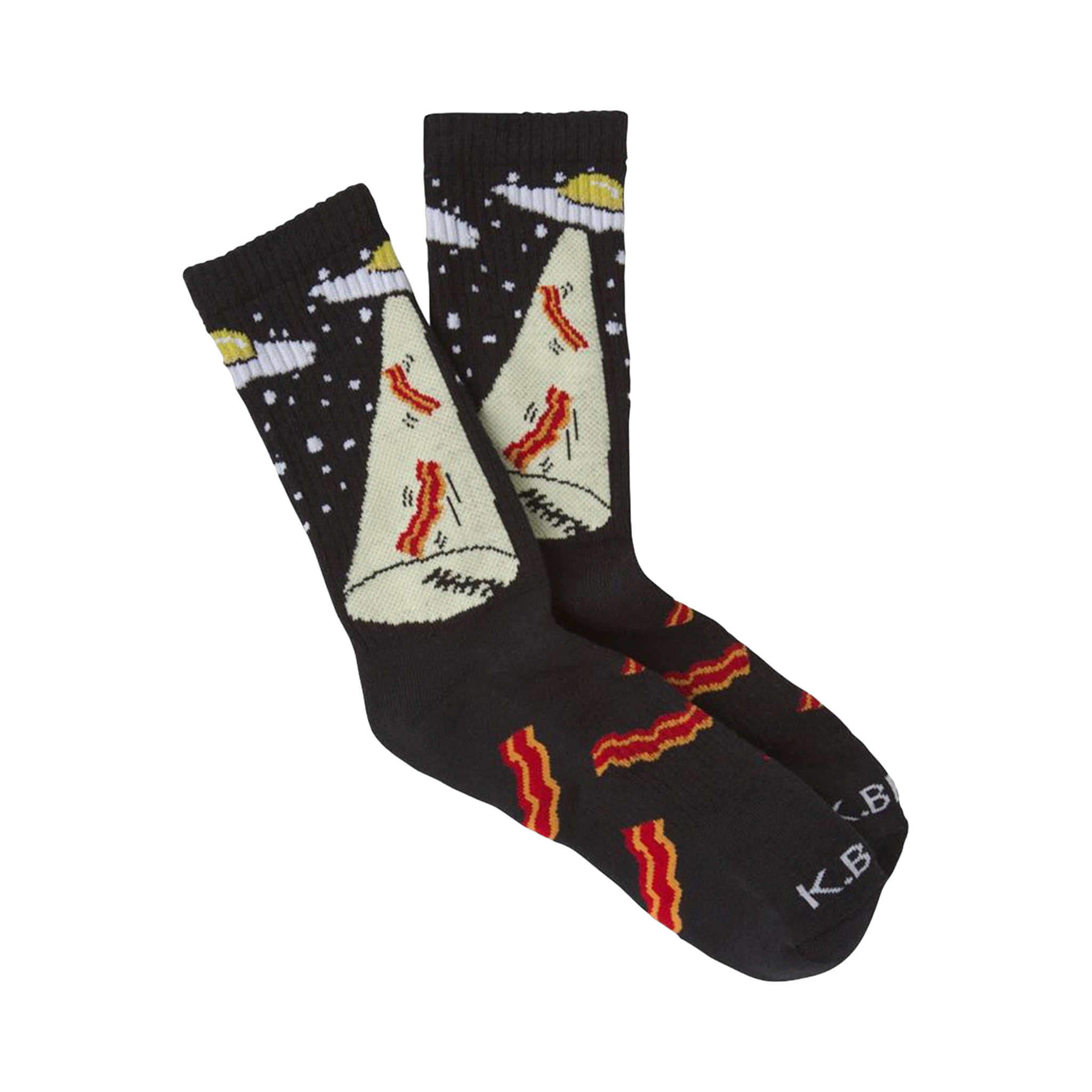 Crew socks, black with off-white and red bacon design, a flying saucer abducting a large piece of bacon against a starry background.
