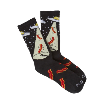 Crew socks, black with off-white and red bacon design, a flying saucer abducting a large piece of bacon against a starry background.