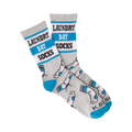 A pair of grey crew socks with teal accents. The socks have 'Laundry Day Socks' written on them and a pattern of small grey socks.