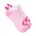 Pair of pink and white chevron ankle socks with small pink bows and a pink logo.