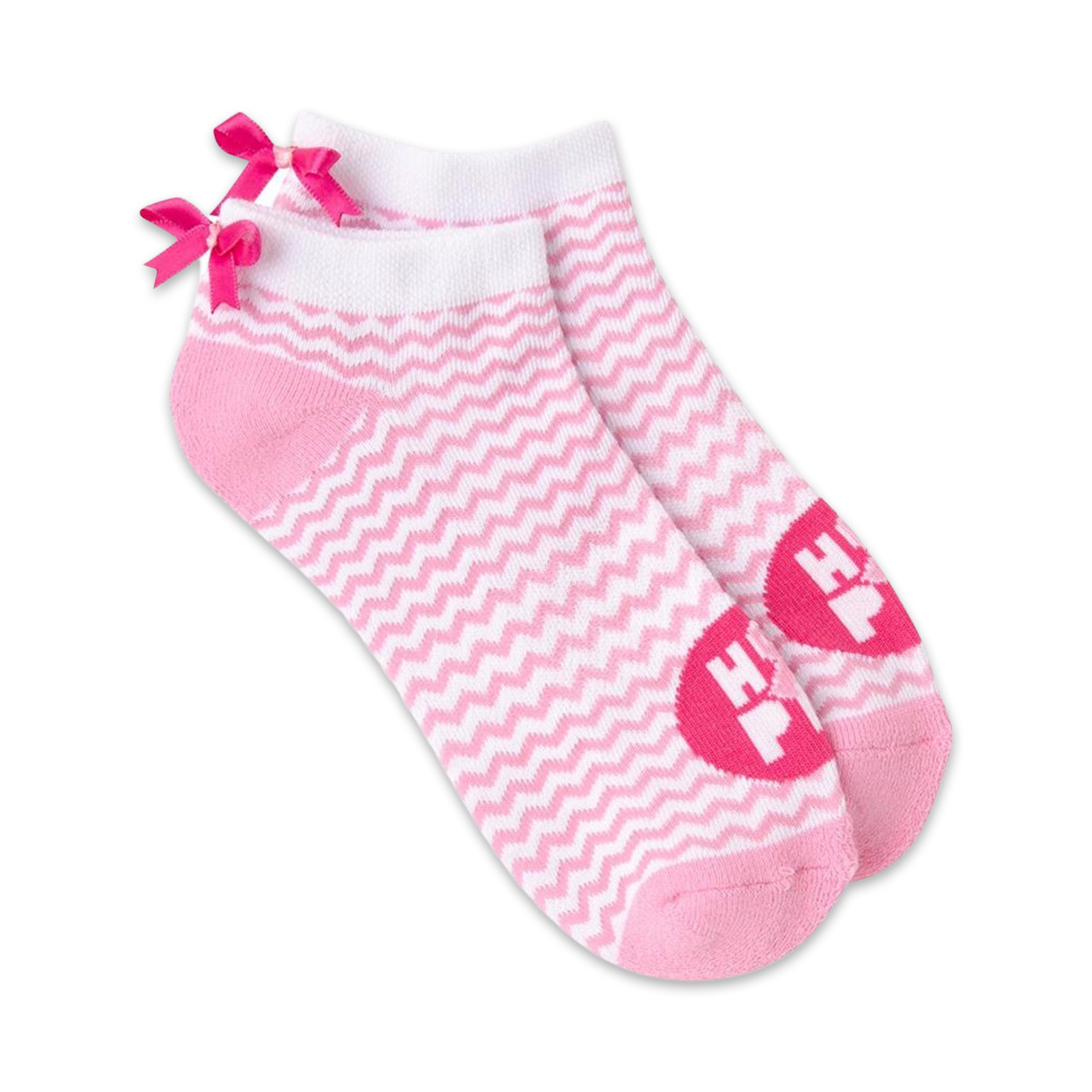 Pair of pink and white chevron ankle socks with small pink bows and a pink logo.