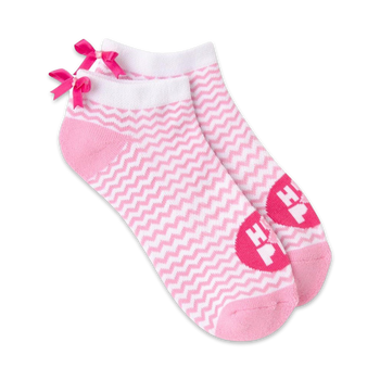 pink and white chevron pattern ankle socks with pink bow, white top, and pink toe and heel. hp in pink heart on ankle. hope displayed on sole.  