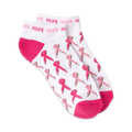 Pair of white ankle socks with pink ribbon pattern and 'HOPE' text. Pink heel and toe.