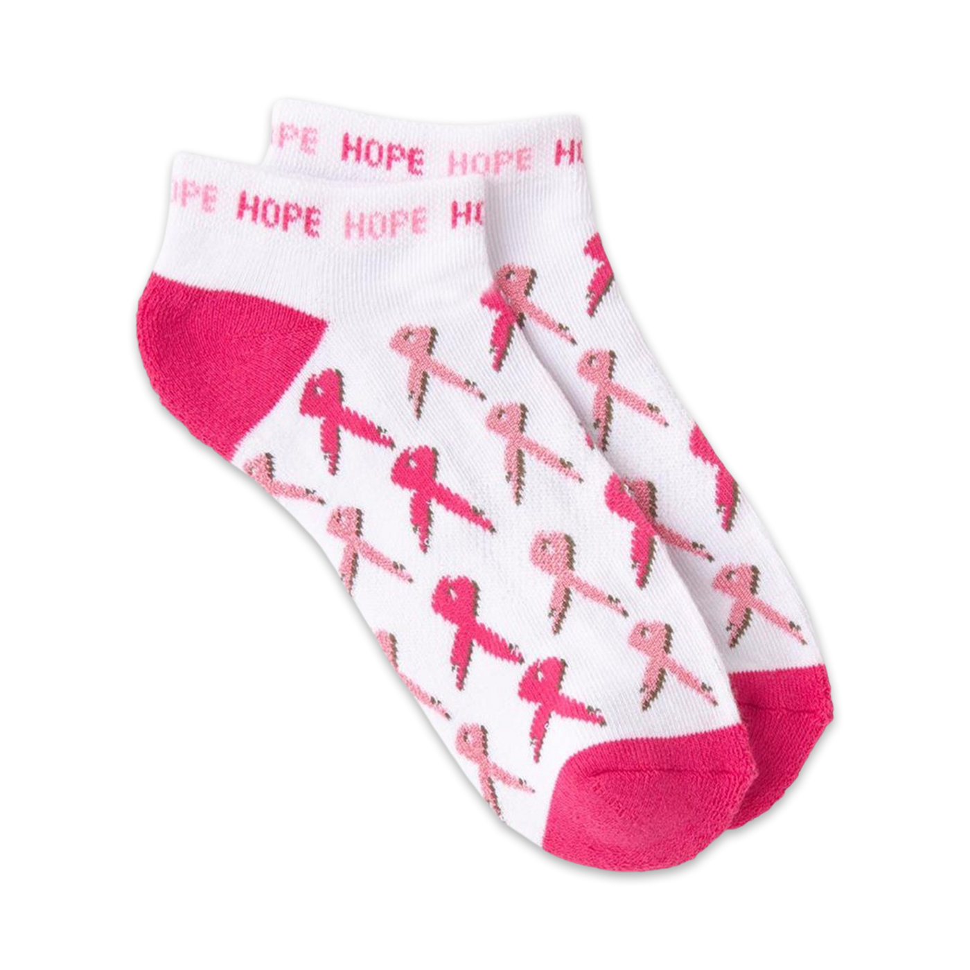 Pair of white ankle socks with pink ribbon pattern and 'HOPE' text. Pink heel and toe.