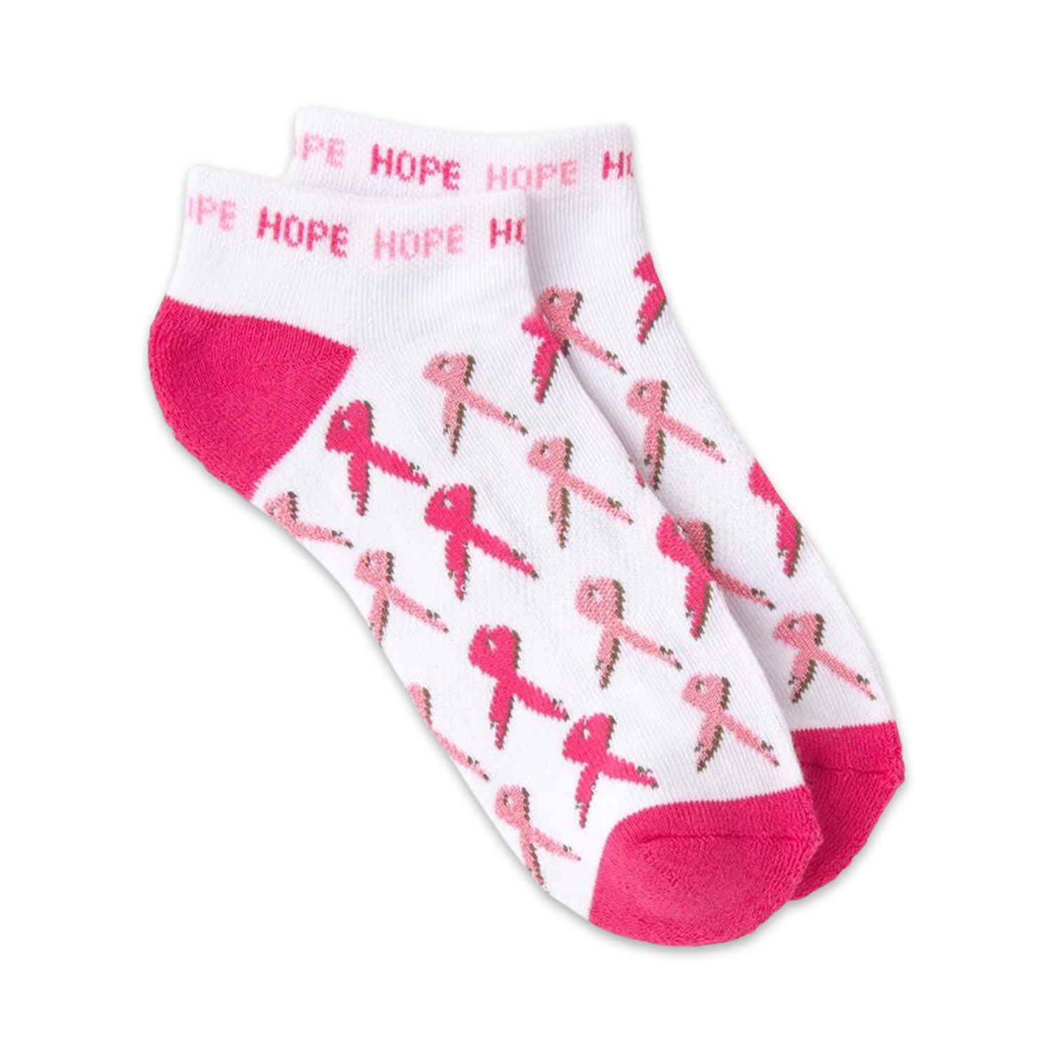 Pair of white ankle socks with pink ribbon pattern and 'HOPE' text. Pink heel and toe.