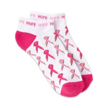 white ankle socks with an all-over pattern of pink ribbons and the word "hope" written on them. cancer awareness socks for women.  
