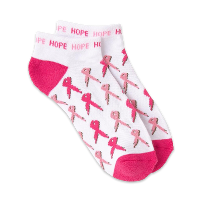 white ankle socks with an all-over pattern of pink ribbons and the word "hope" written on them. cancer awareness socks for women.  