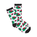 Crew socks in white with a pattern of red ladybugs on green leaves. Black cuffs are visible. 