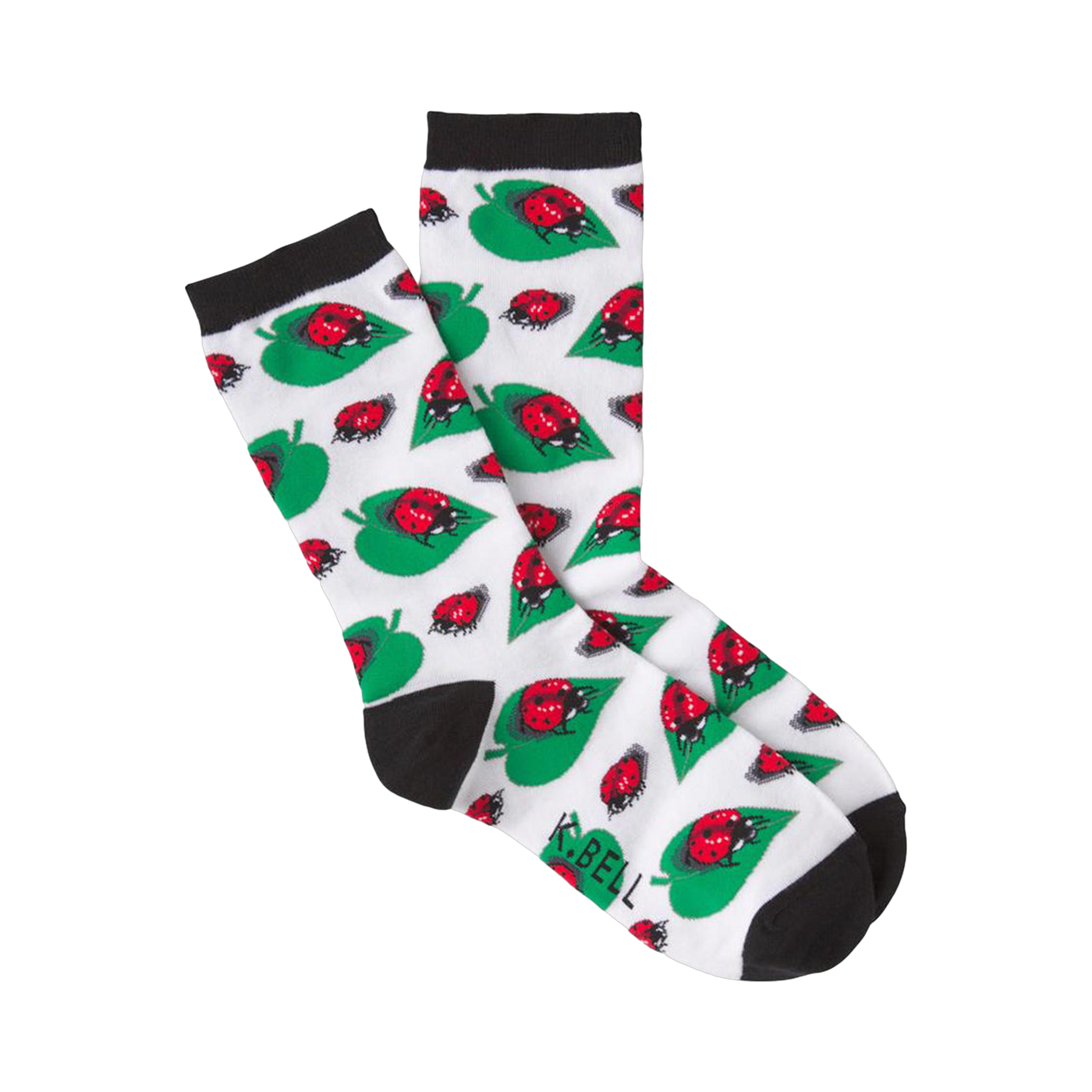 Crew socks in white with a pattern of red ladybugs on green leaves. Black cuffs are visible. 
